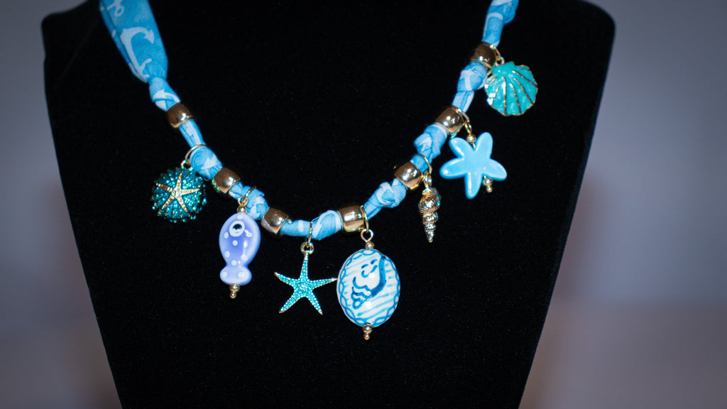 Blue Shell Charmed Scarf Necklace