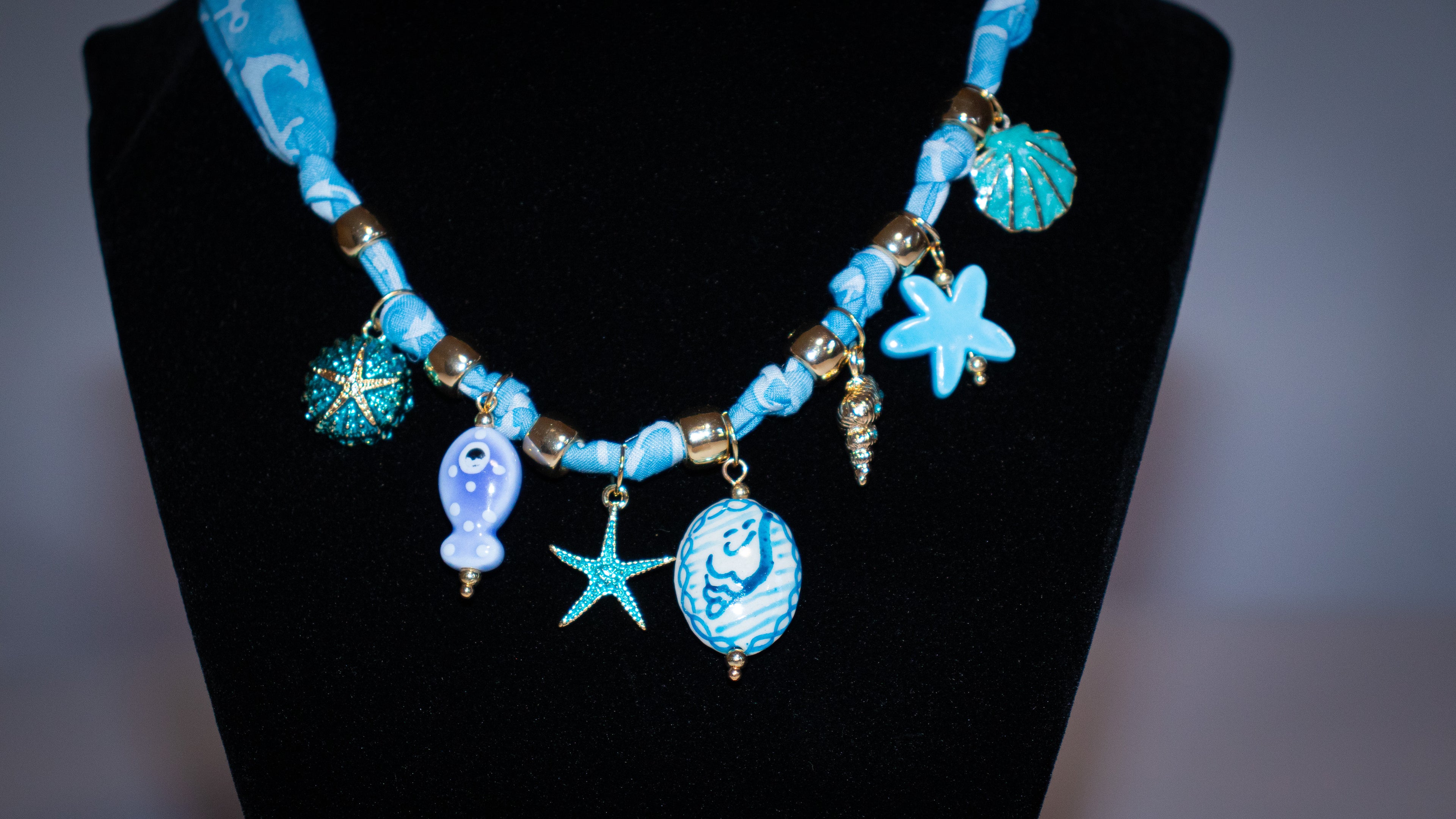 Blue Shell Charmed Scarf Necklace