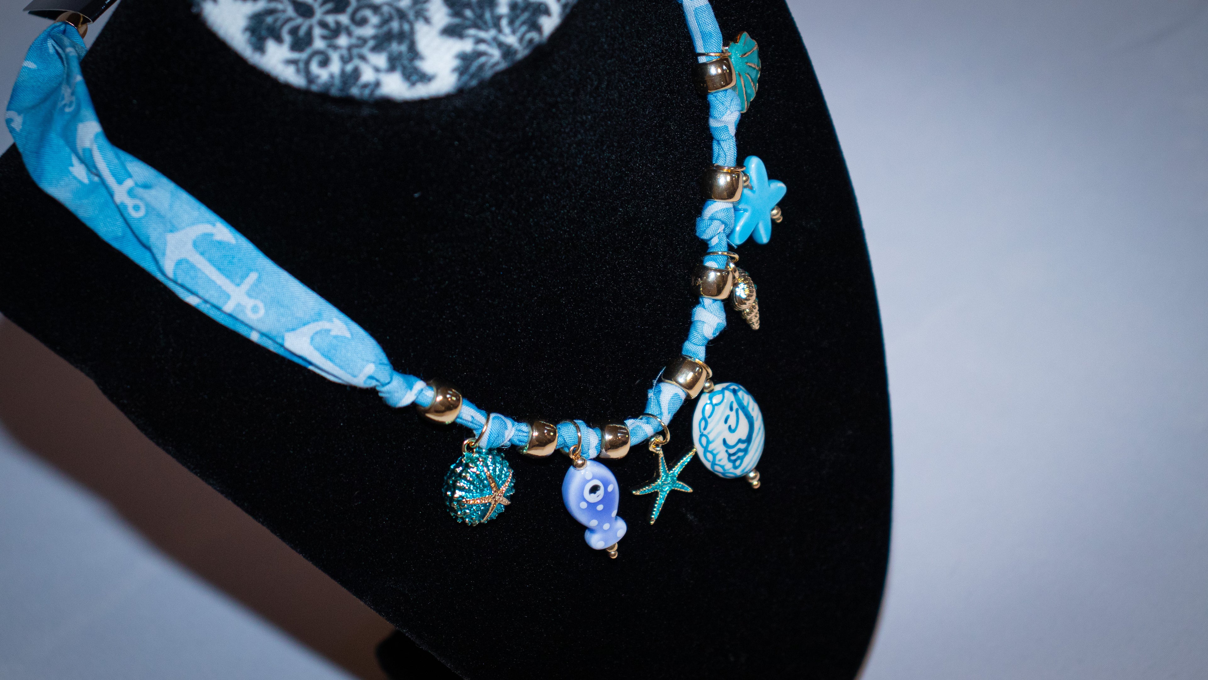 Blue Shell Charmed Scarf Necklace