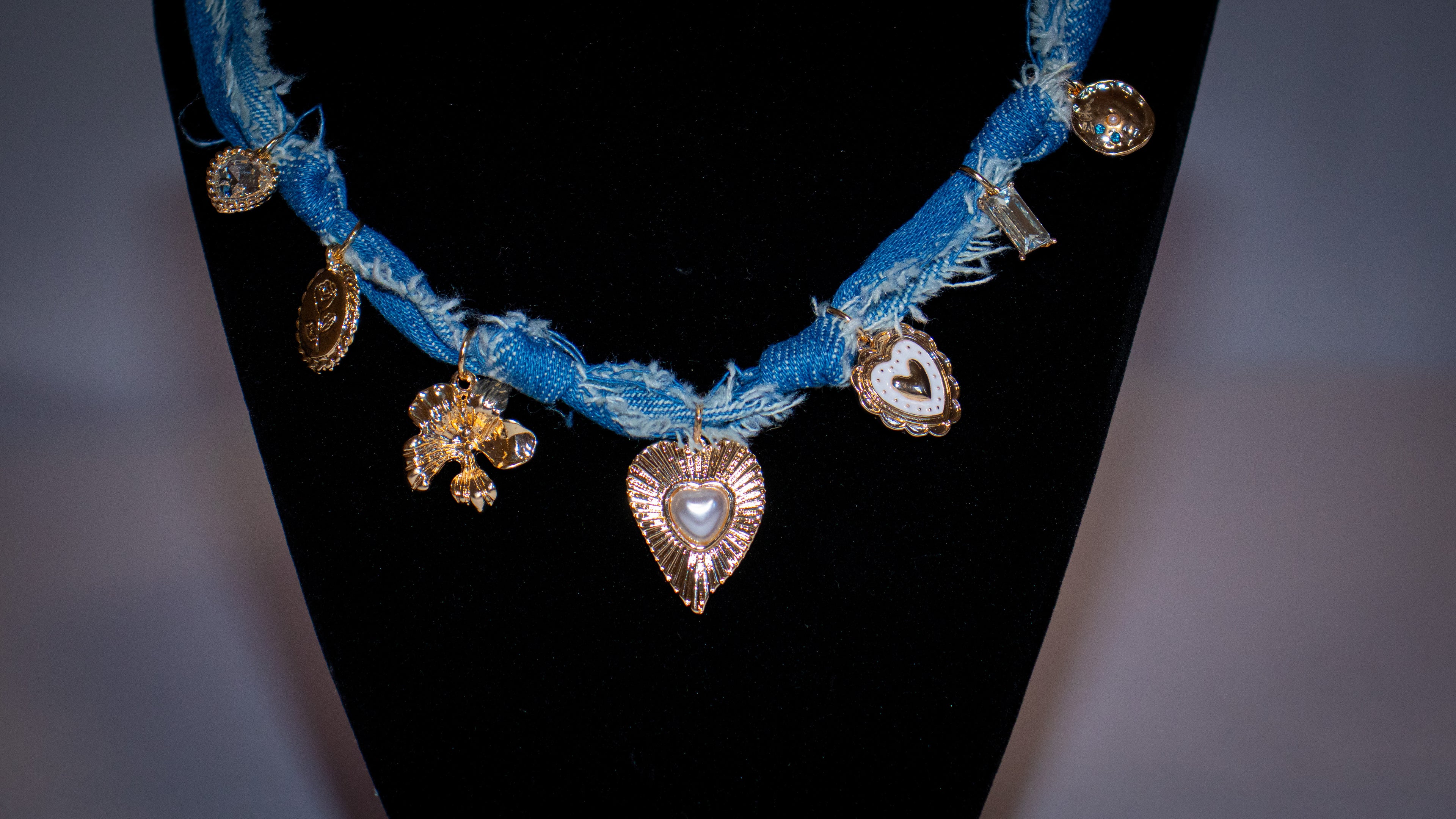 Distressed Denim Heart Charmed Scarf Necklace