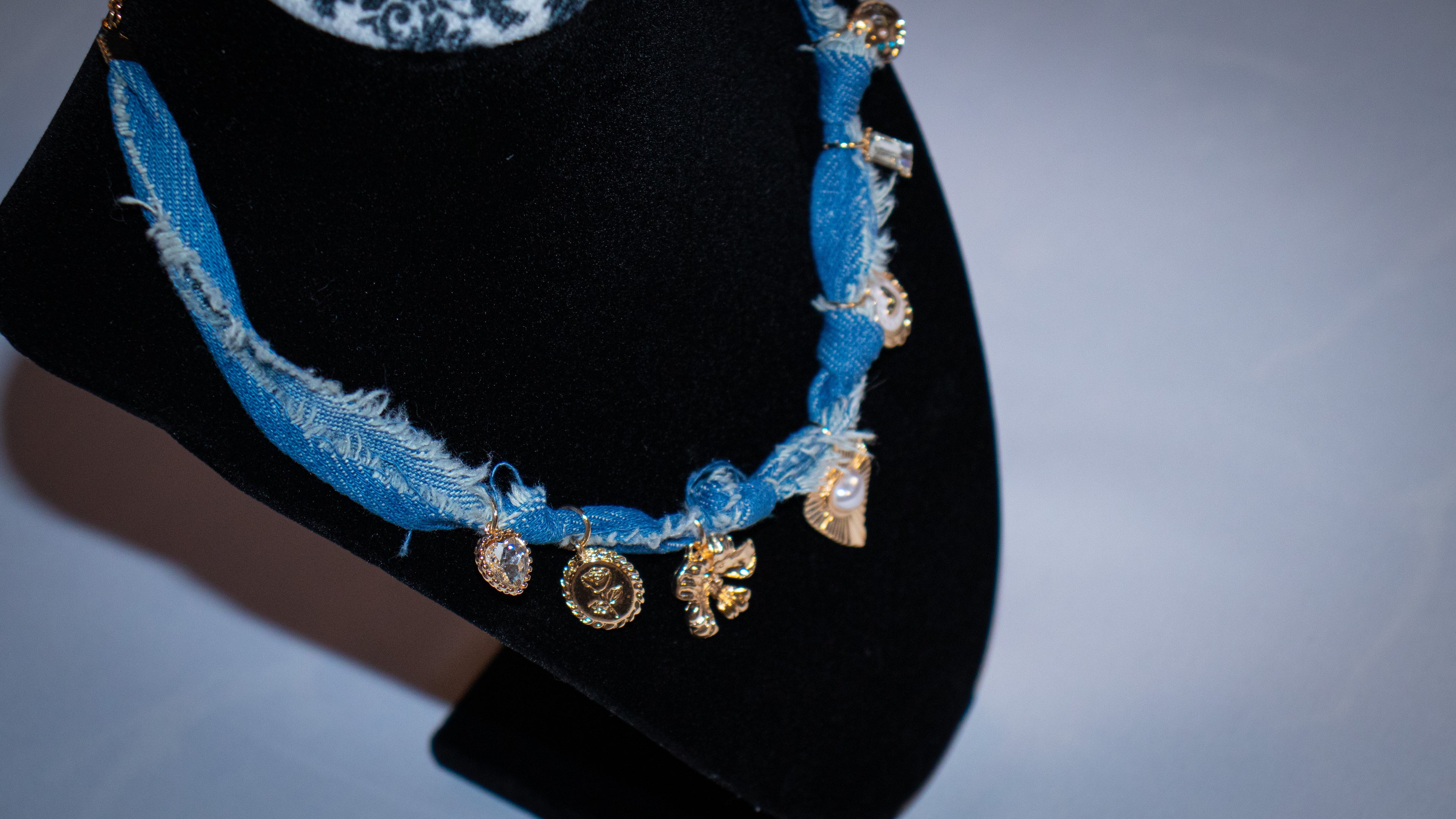 Distressed Denim Heart Charmed Scarf Necklace