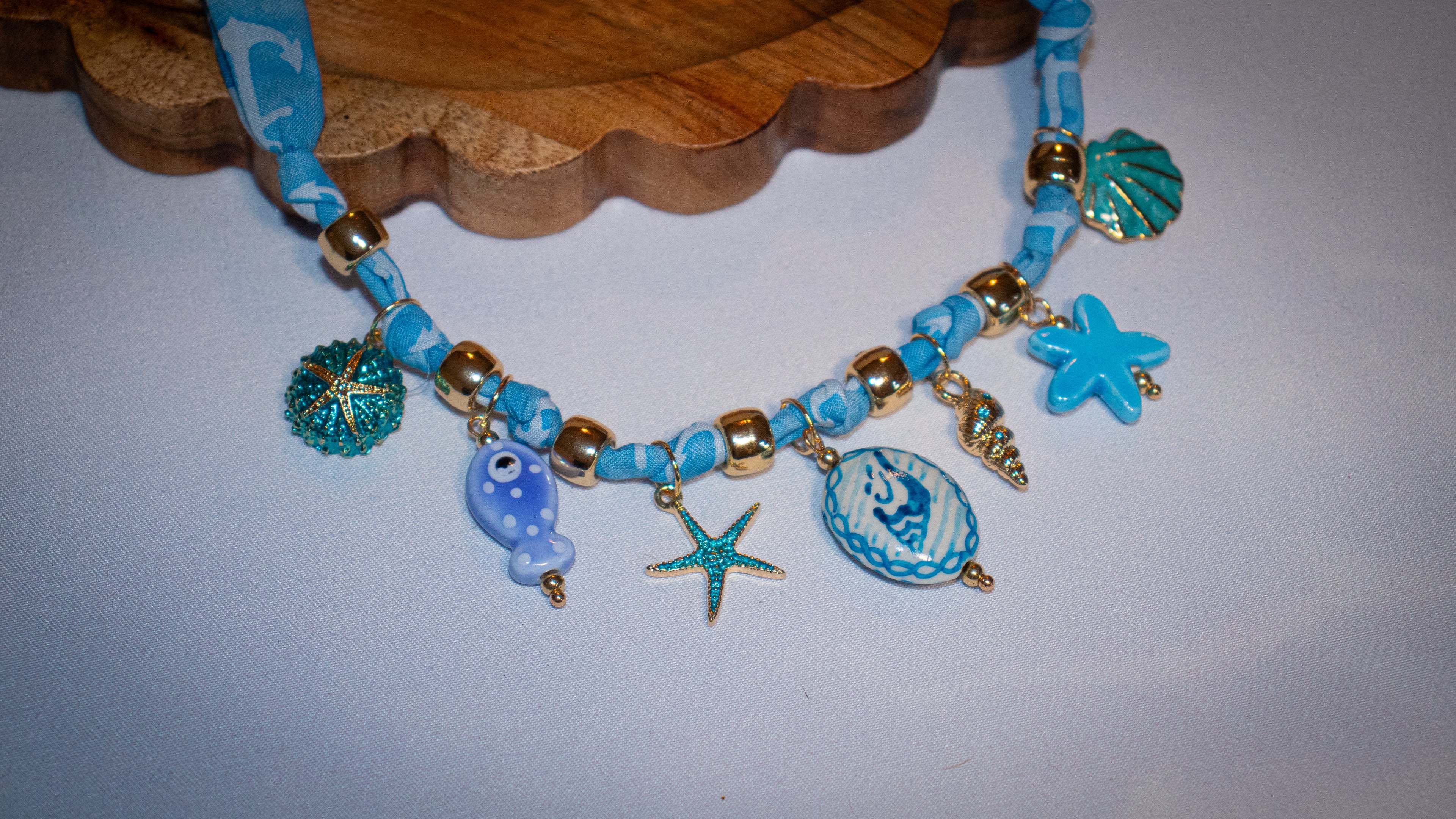 Blue Shell Charmed Scarf Necklace