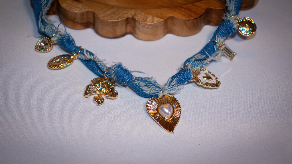 Distressed Denim Heart Charmed Scarf Necklace