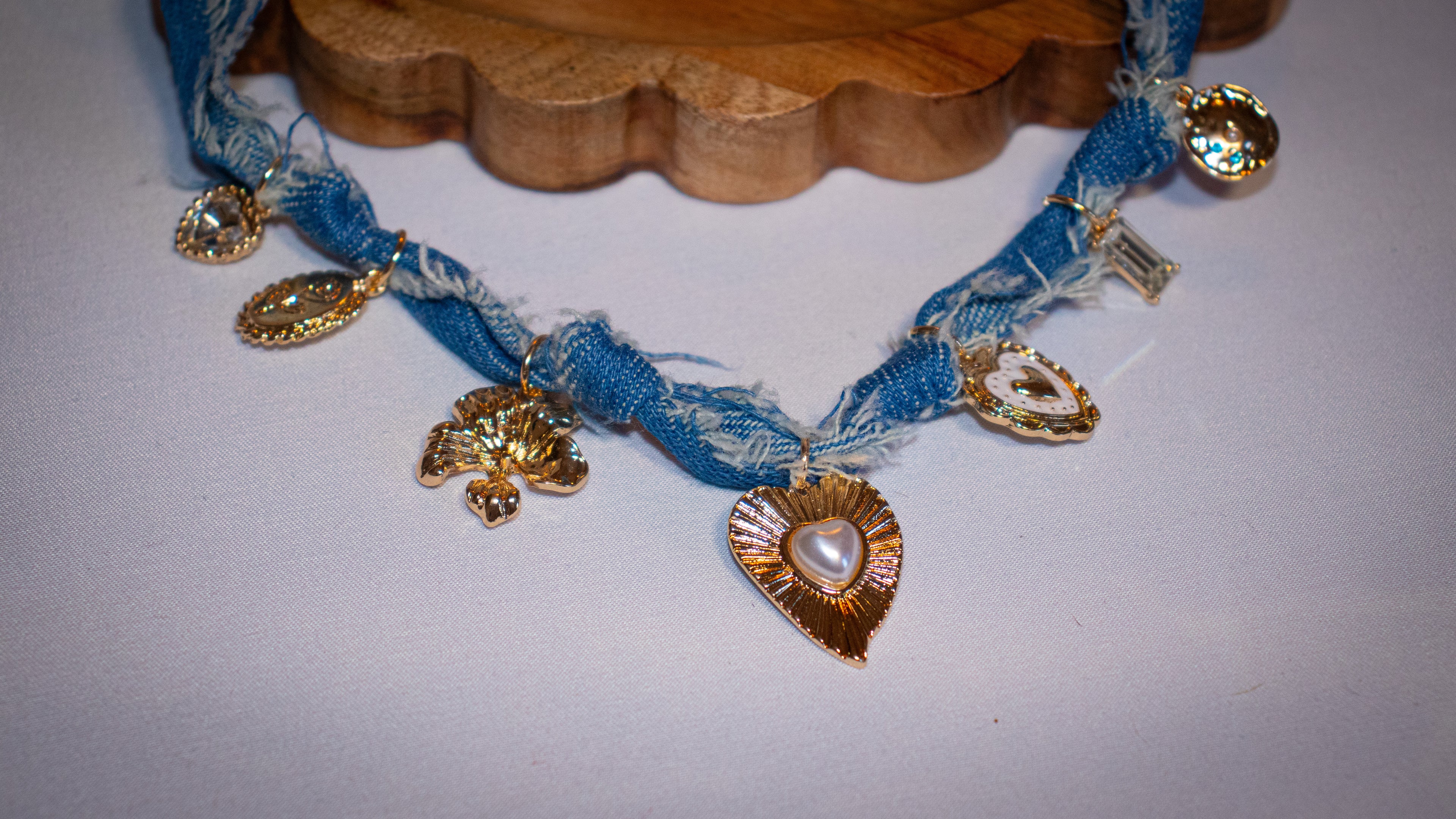 Distressed Denim Heart Charmed Scarf Necklace