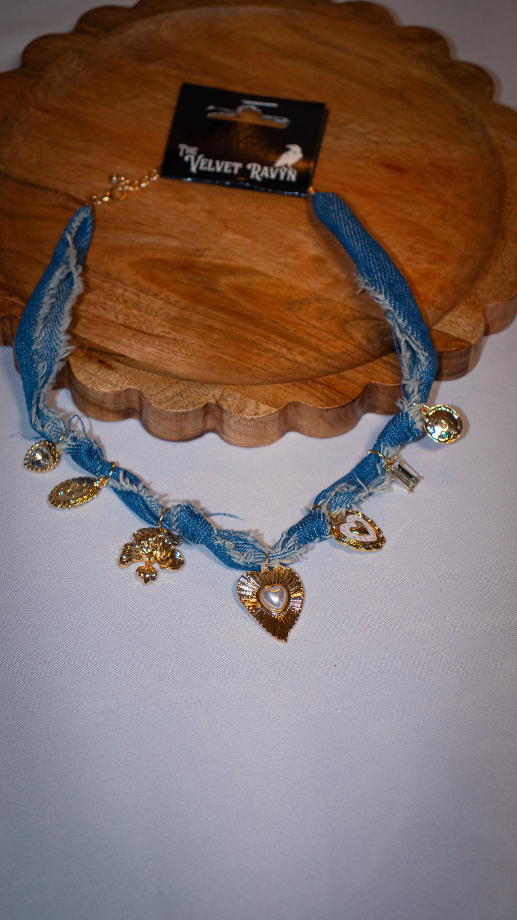 Distressed Denim Heart Charmed Scarf Necklace