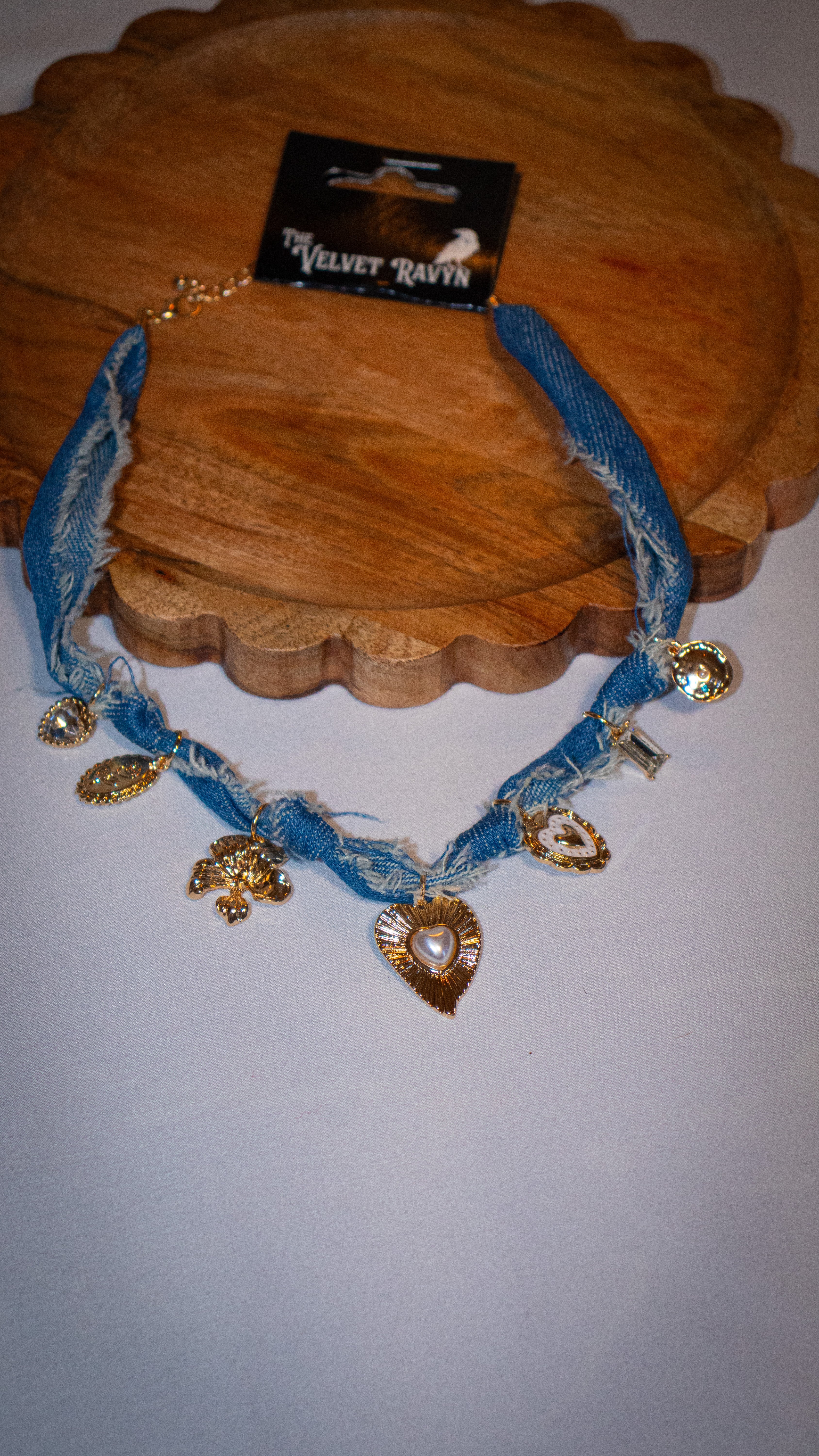 Distressed Denim Heart Charmed Scarf Necklace